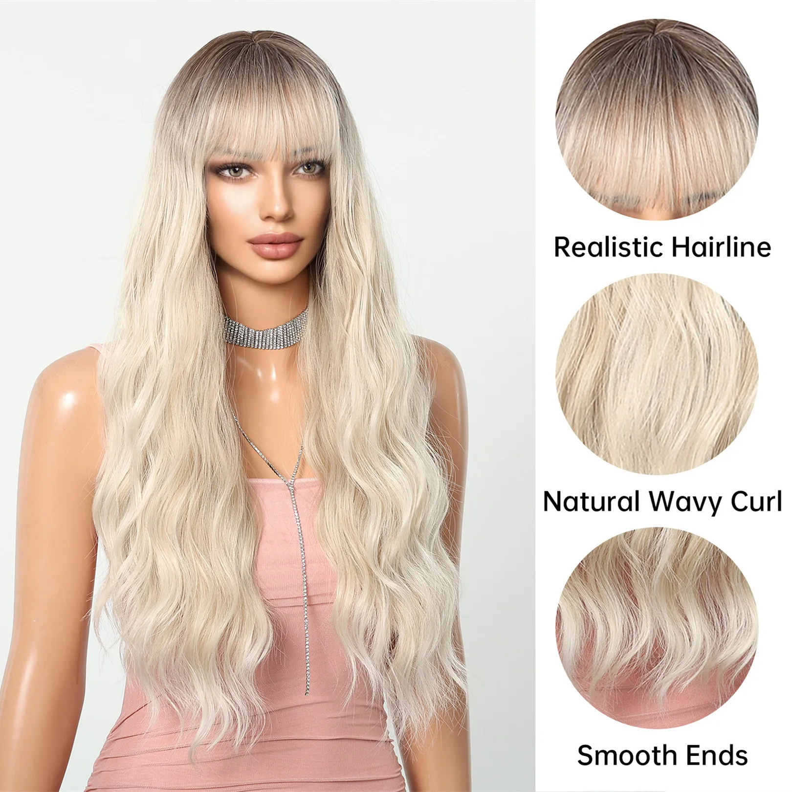 HENRY MARGU Platinum Blonde Synthetic Wigs Long Water Wavy Wig with Bangs Ombre Dark Roots Blonde Hair Heat Resistant Daily Wig