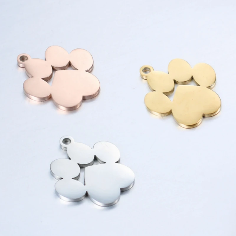 5pcs/lot Pet Dog Paw DIY Charms Wholesale Mirror Polish Stainless Steel Pendant Connectors Charm For Jewelry Making