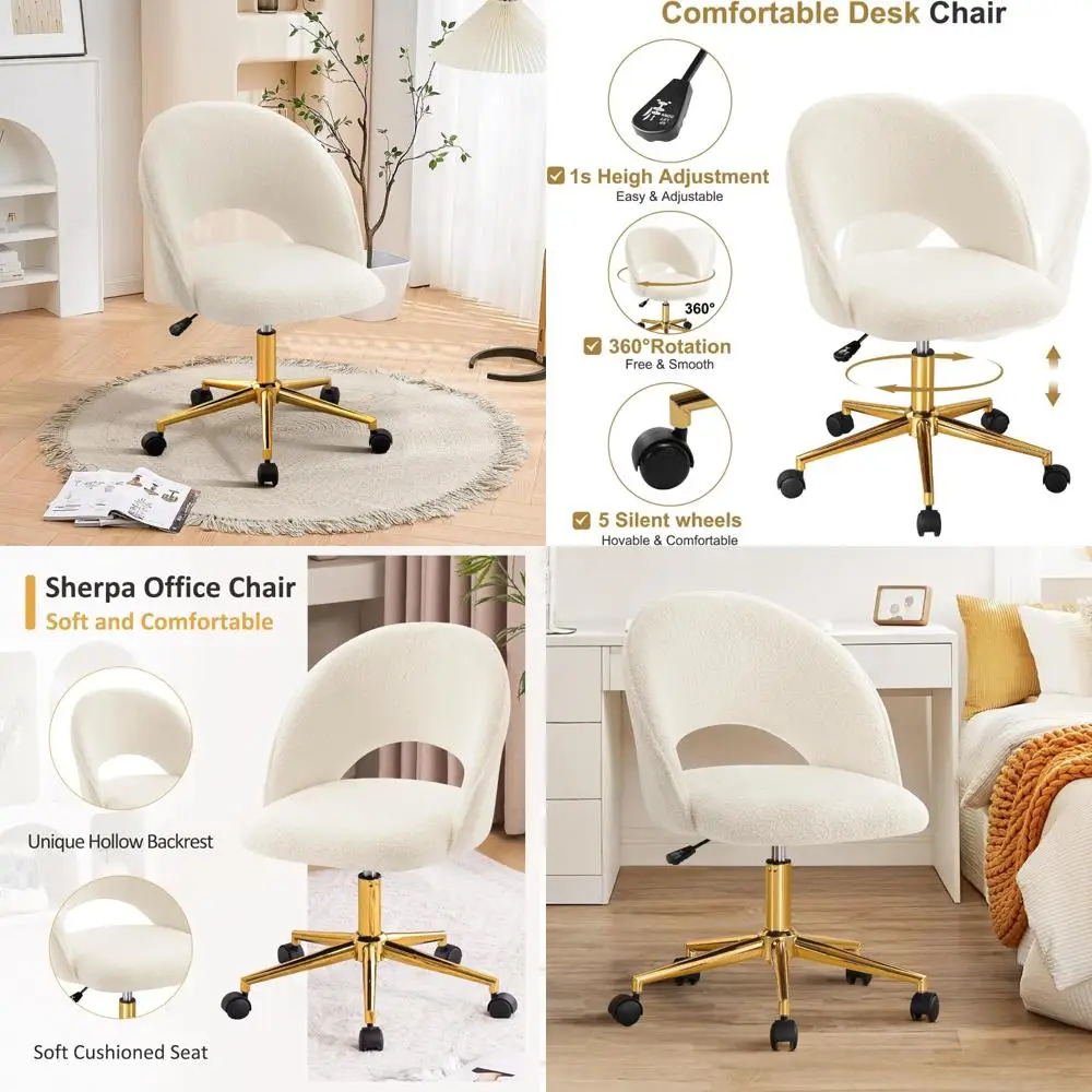 

Modern Round Swivel Desk Chair with Adjustable Height and Upholstered Sherpa Cover