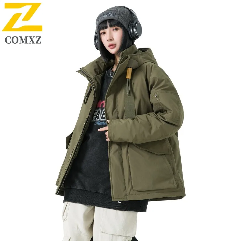COMXZ Men Puffer Jacket Outdoor Hooded Adventure Climbing Travel Windproof Warm Camping Padding Coat Loose Snow Winter Padding