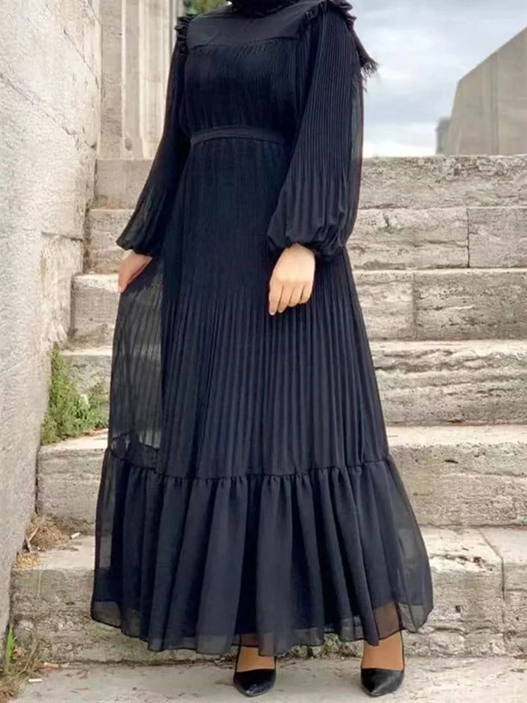 GVUW Pleated Fashion Dress Women Round Collar A Line Full Sleeve Solid Color Chic Style Medium Long Female Clothing 17G5744