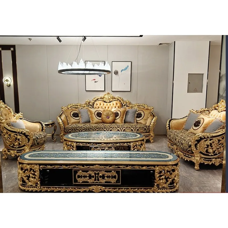 French court sofa, solid wood carving frame sticker, villa living room luxury guest luxury fabric sofa