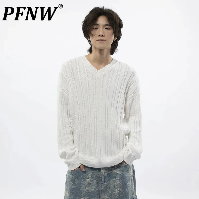 

PFNW Korean Lazy Style V-neck Knitted Sweater Male Long Sleeve Solid Color Versatile Men Simple Loose Autumn Tops Trend 28W4606