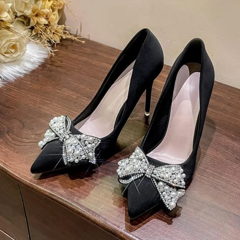 

New Fashion Bowknot Pointed Toe High Heels Shoes Women's Stiletto White Pearl Bridal Wedding Shoes Banquet Party Dress Shoes