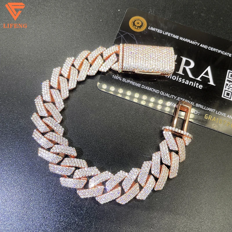 Hip Hop Jewelry 14mm Rose Gold Moissanite Hip Hop Bracelet 925 Sterling Silver Iced Out Miami Cuban Link Chain For Men