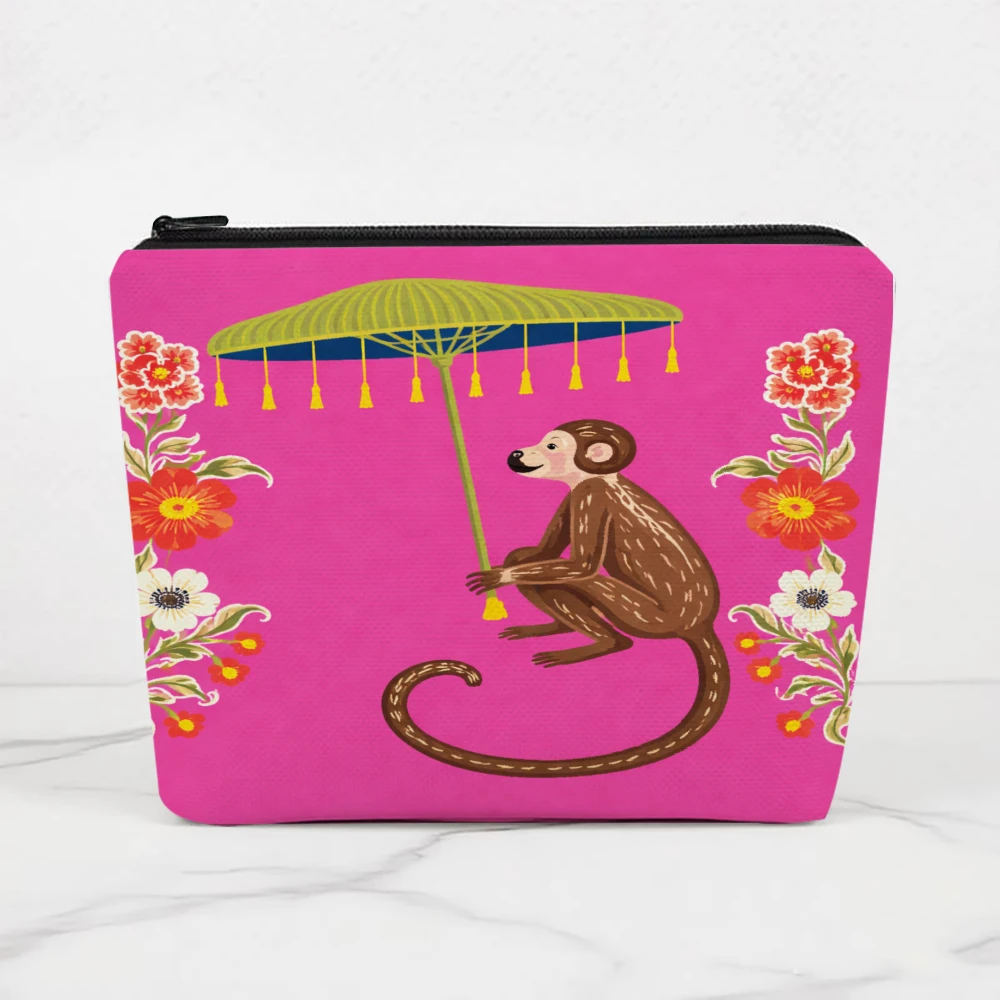 Monkey Holding Umbrella With Flowers Makeup Bags for Girls Cosmetic Pouch Toiletry Bag Pencil Case Travel Storage