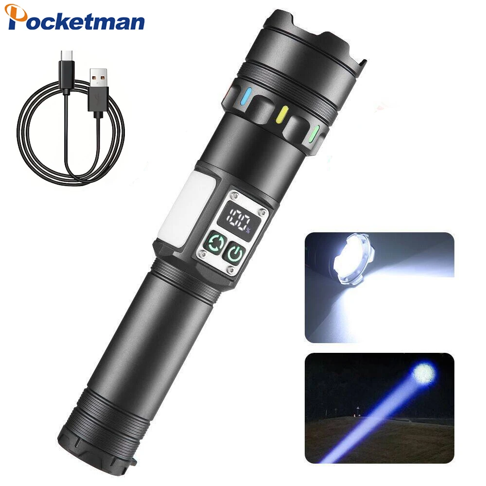 

Super Bright LED Flashlight with Colorful Luminous Fluorescent Strips Portable USB Rechargeable Torch Tactical Flashlights Zoom