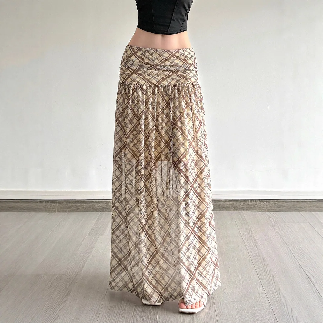 

Zeyla женская сетчатая клетчатая юбка в академическом стиле, новинка лета 202, легкая дышащая длинная макси-юбка с высокой талией для отпуска