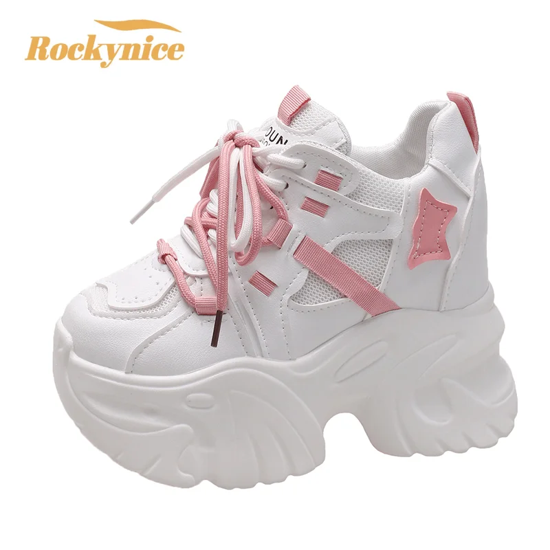 

New Women High Platform Leather Sneakers Tennis 10.5CM Hidden Heels Casual Shoes Lace-up Breathable Chunky Dad Shoes Woman Mujer