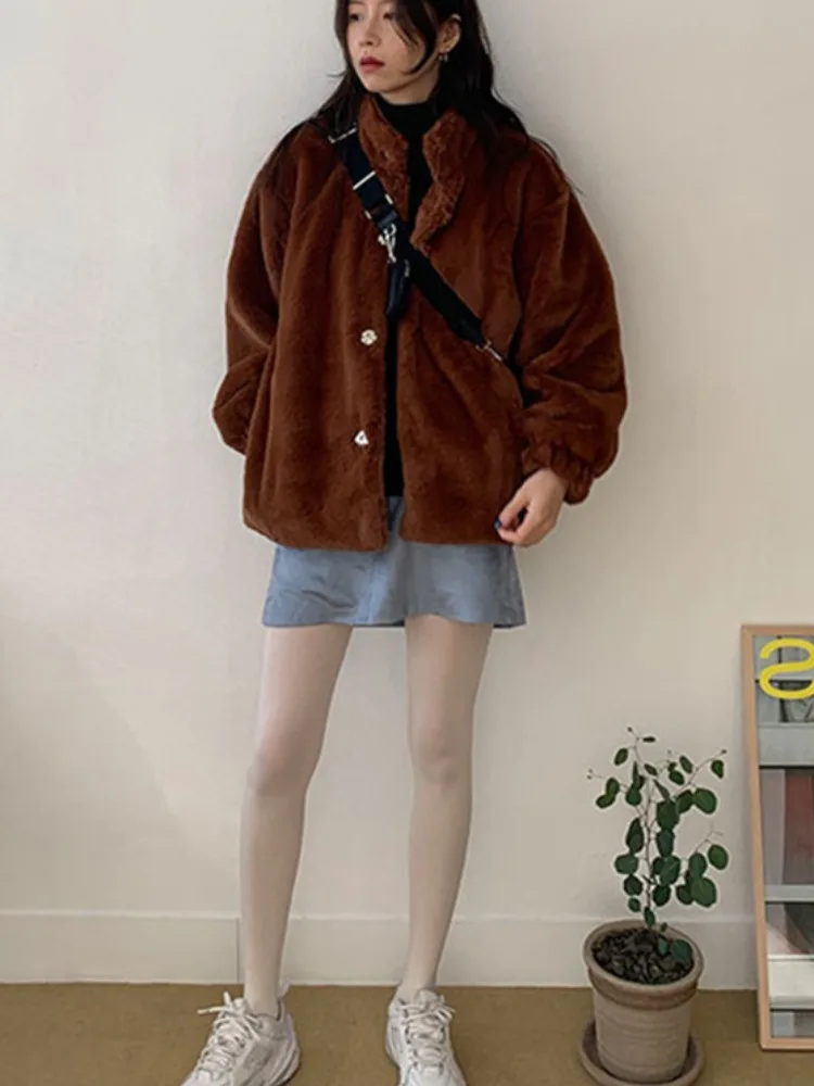 한국 슬레 스탠드 칼라 따뜻한 아우터웨어 퍼리 여성용 겨울 신상 루즈 다용도 롱 셔츠 탑 출퇴근용 봄 가을