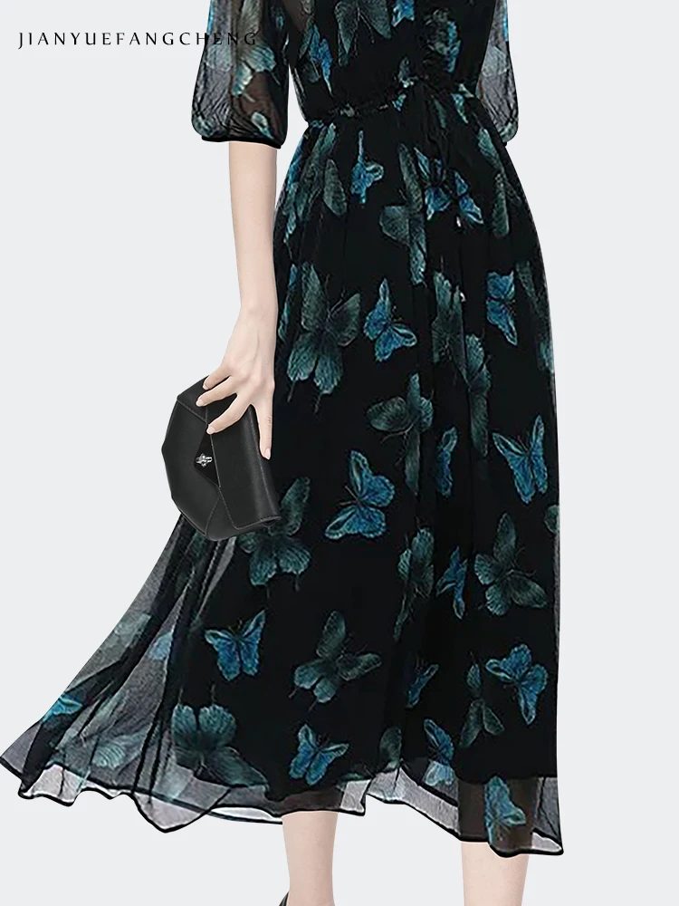 Women\' Chiffon Dress For Summer Short Sleeve V-Neck High Waisted A-line Long Dresses Butterfly Printed Female Work Casual Dress