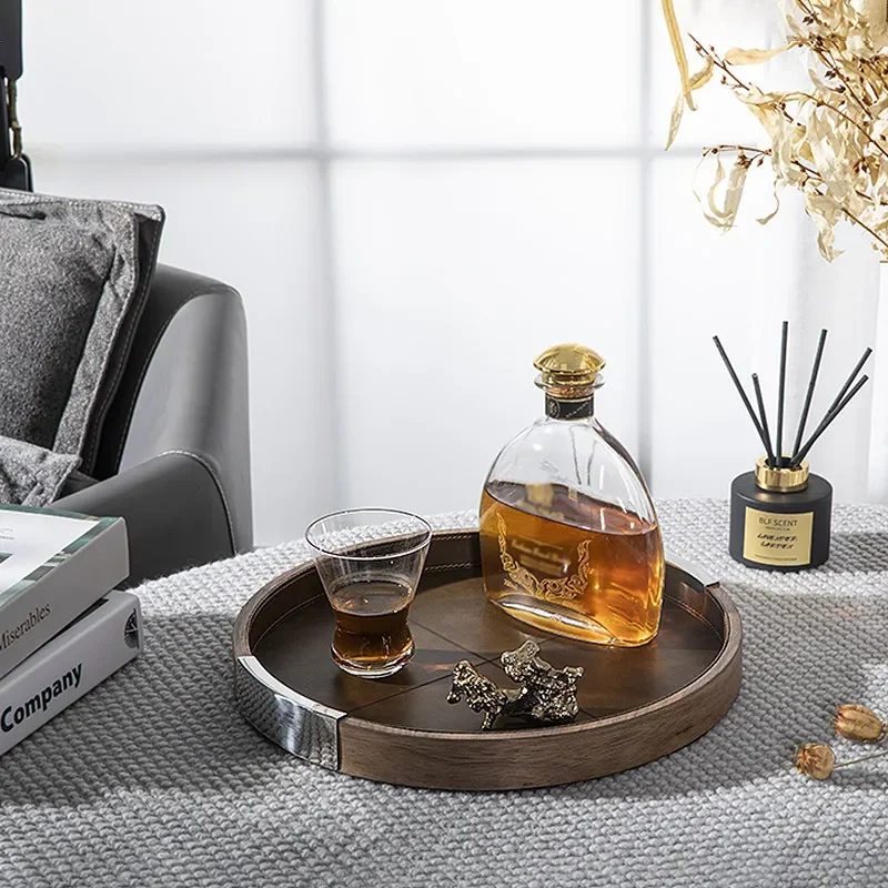Hot Sale Walnut Wood Leather Tray Round Square Fruit Tea Cup Storage Tray Home Table Decor