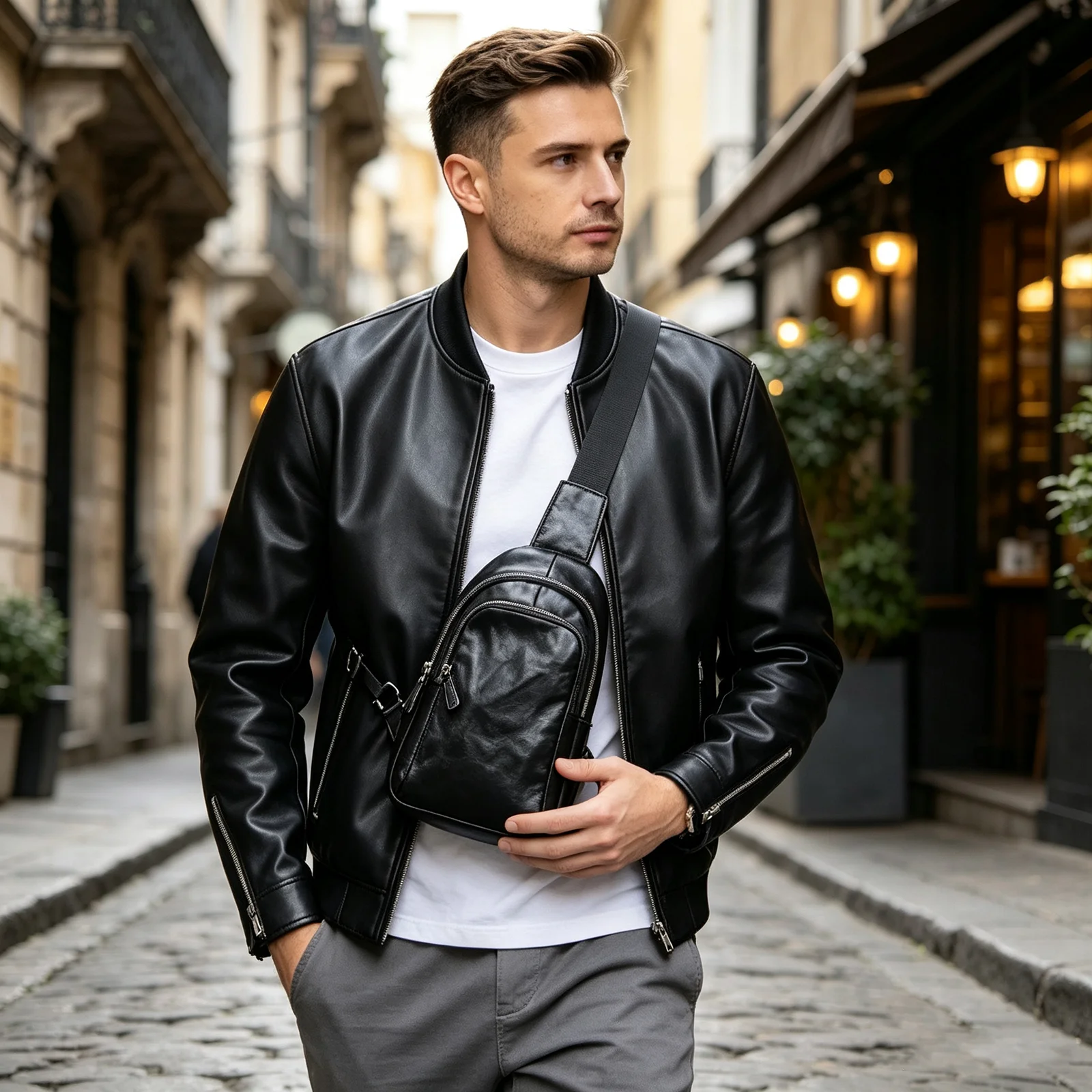 Echte Leder-Brusttasche für Herren, Casual-Umhängetasche aus Rindsleder, Modische Handyhülle, Pflanzlich gegerbtes Leder, Mini-Modell – Detail 5