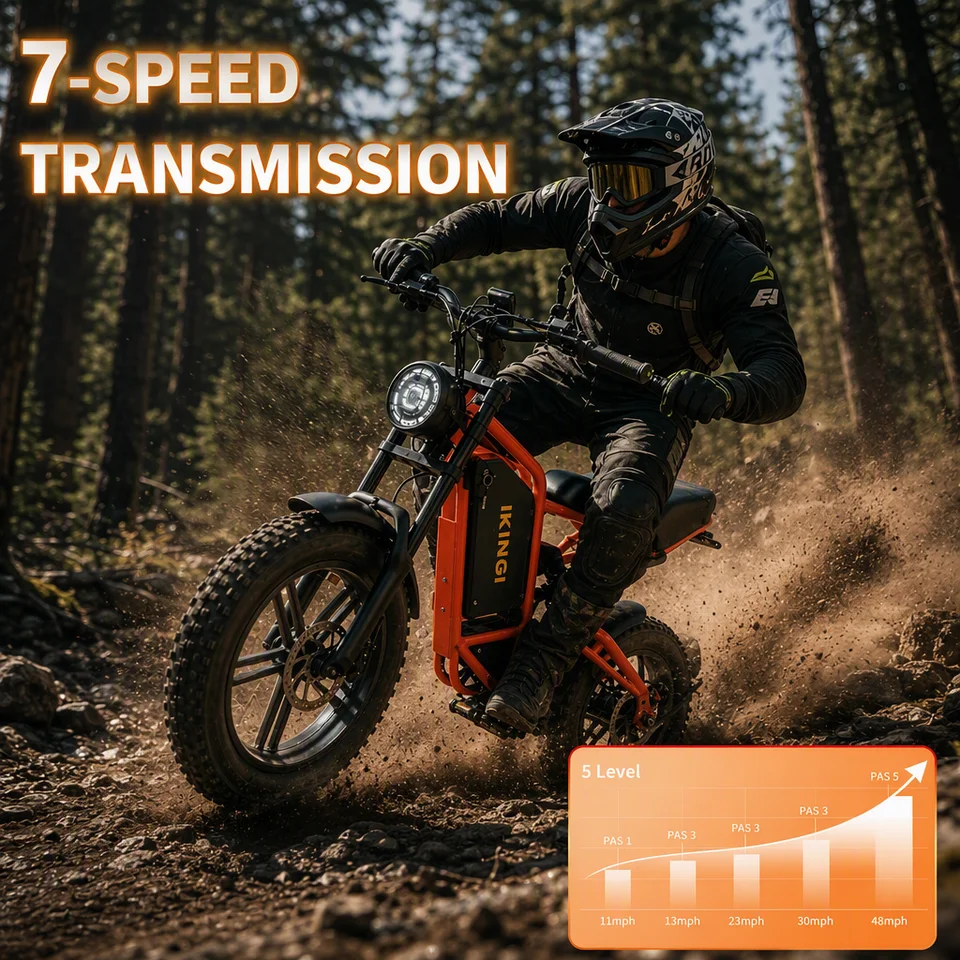 IKINGI S6pro 1000W Peak Electric Moped E-Bike | 48V 15Ah Lockable Battery, Full Suspension & 16x4" Fat Tires | 7-Speed All-Terrain Off-Road Electric Bicycle with LCD & IP65 Waterproof image 8