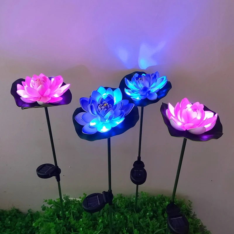 2Pcs LED Stake Lights Solar Lotus Flower Garden Floor Lamp Ground Plug Decoration Lamp Pond Garden Lamp (2 Colors)