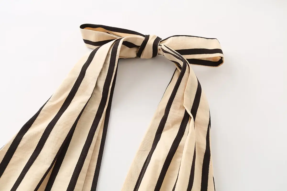 Elegantes Damen-Maxikleid mit Streifenmuster und Neckholder, sexy tiefem V-Ausschnitt, Schnürung, lässiges langes Kleid 2026, neues Urlaubskleid für Damen – Detail 4