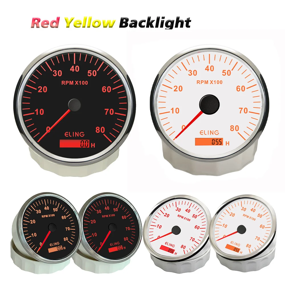 ELING 110mm Tachometer 0-8000RPM Universal REV Counter Gauge Meter with Red Yellow Backlight 12V 24V for Car Motorcycle