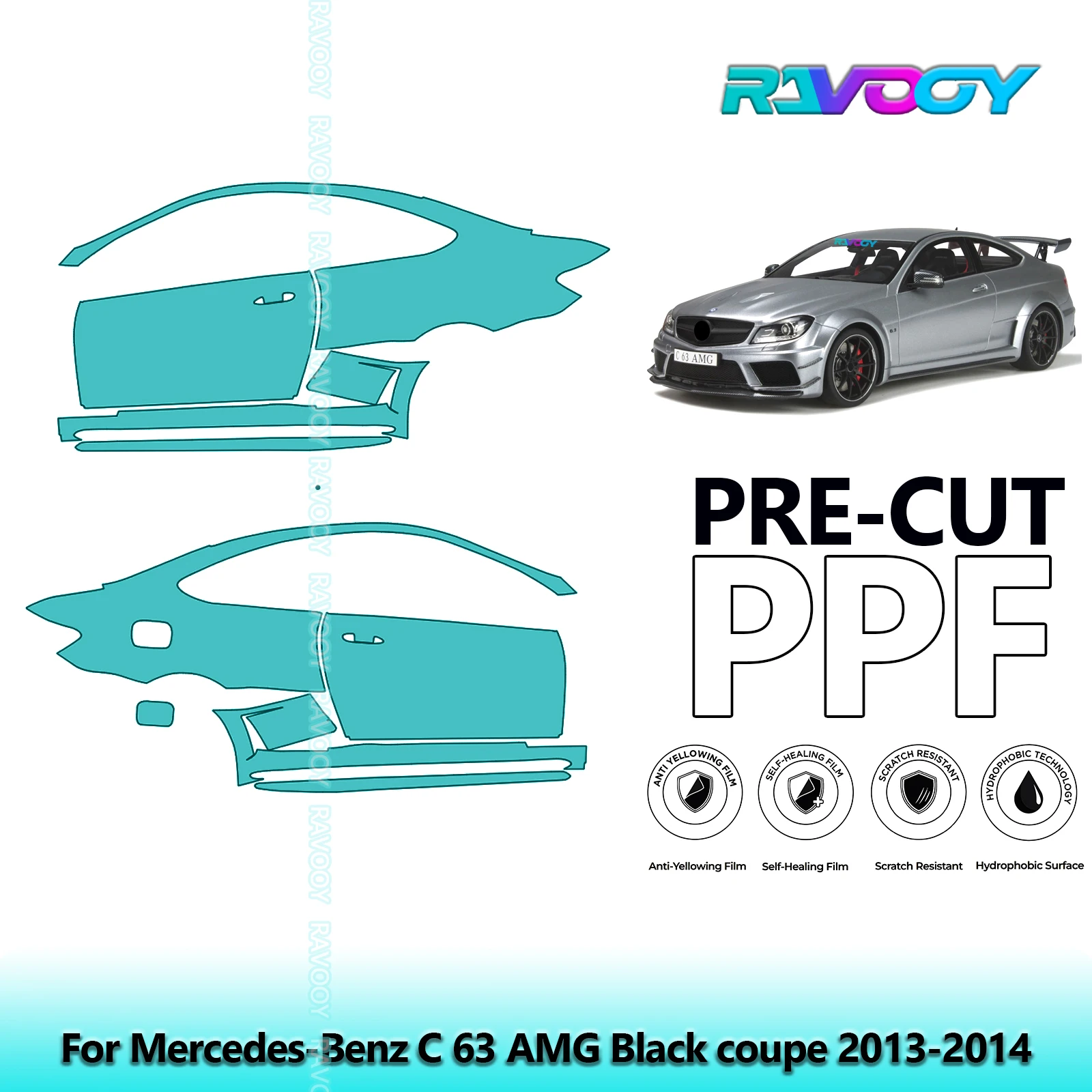 

For Mercedes-Benz C 63 AMG Black coupe 2013-2014 8.5mil Pre-Cut PPF Door & A/B Pillar Kit TPU Paint Protection Film Set