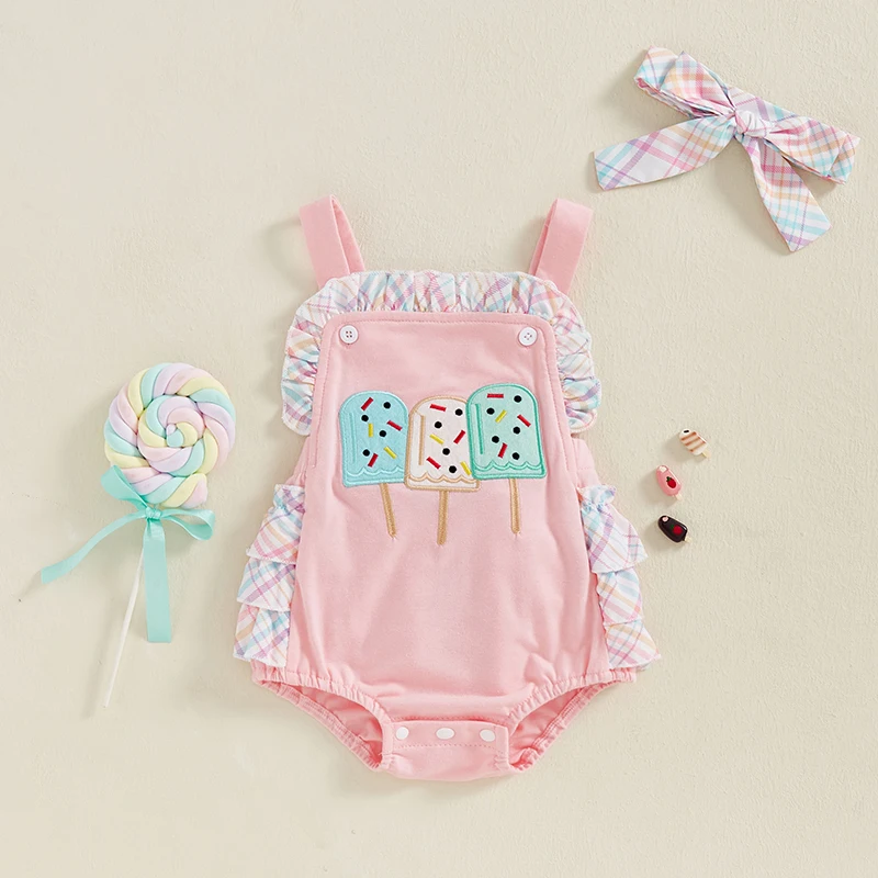 0-18M Baby Girl Sleeveless Romper Casual Ice Cream Pattern Ruffles Summer Jumpsuit and Headband Set Fashion Clothes Outfits