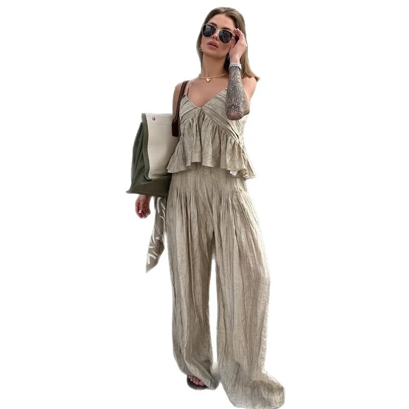 Women's clothing 2025 summer new style temperament V-neck pleated short suspender top wide leg pants set
