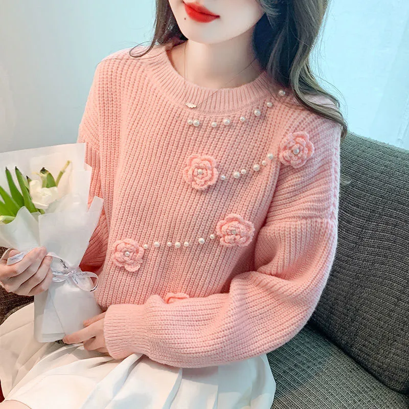 New Autumn and Winter Fashion Lazy Style Design Feeling Nail Bead Hook Flower Round Neck Versatile Western Style Women\'s Sweater