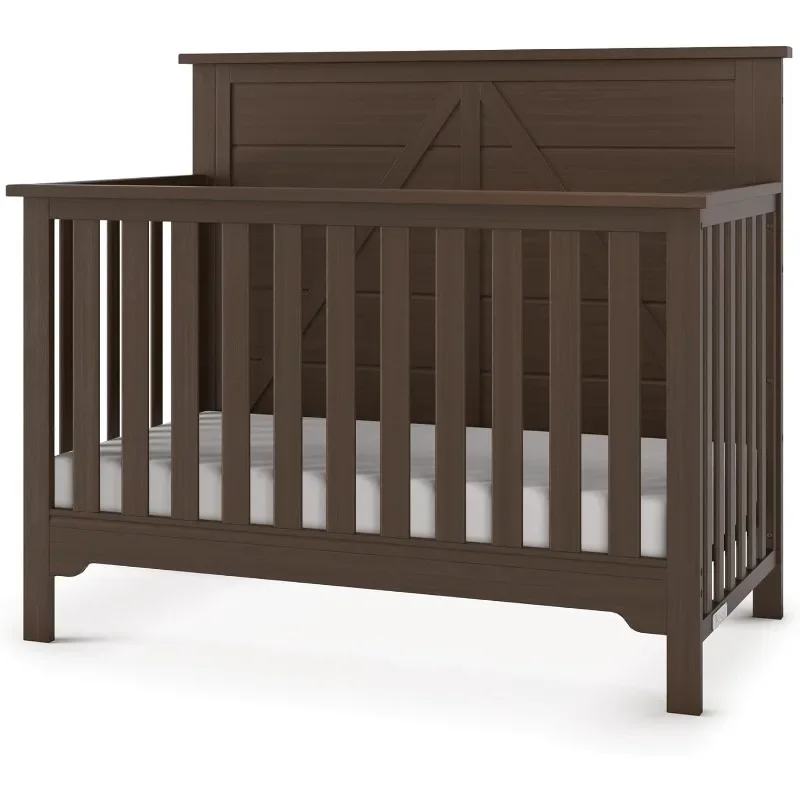 4 in 1 Convertible Crib, Crib Conversion To Day Bed, Toddler Bed and Full Size Bed, 3 Adjustable Mattress Positions