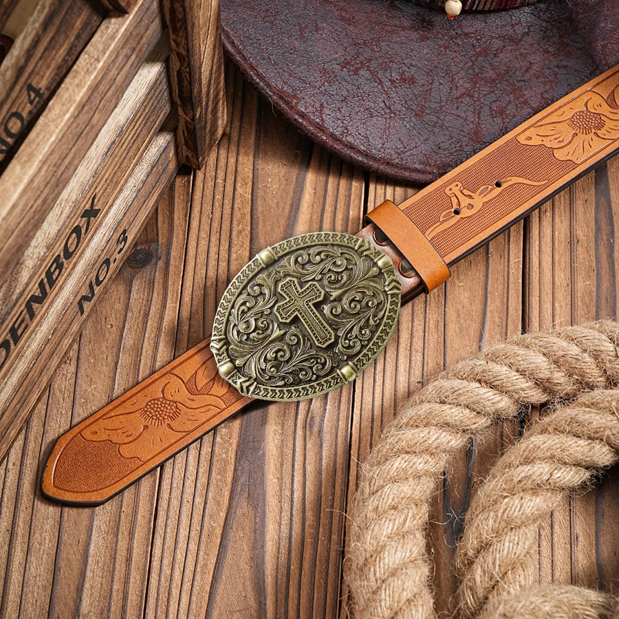 เข็มขัดหนังคาวบอยตะวันตกคุณภาพสูง 1 ชิ้นพร้อมลวดลายข้าม สไตล์แฟชั่นย้อนยุคสําหรับกางเกงยีนส์และกางเกงลําลอง เหมาะสําหรับ wo