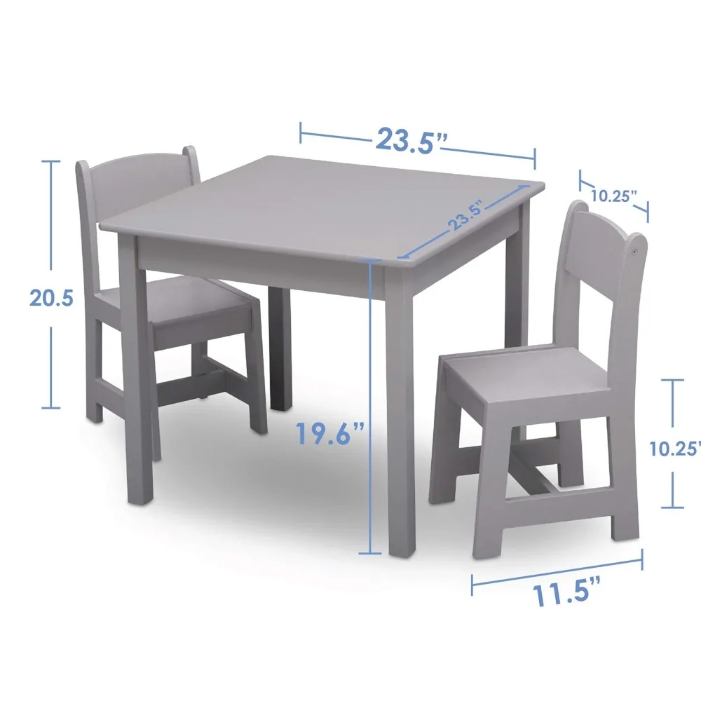 Kids Wood Table and Chair Set (2 Chairs Included) - Ideal for Arts & Crafts, Snack Time & More, Grey, 3 Piece Set