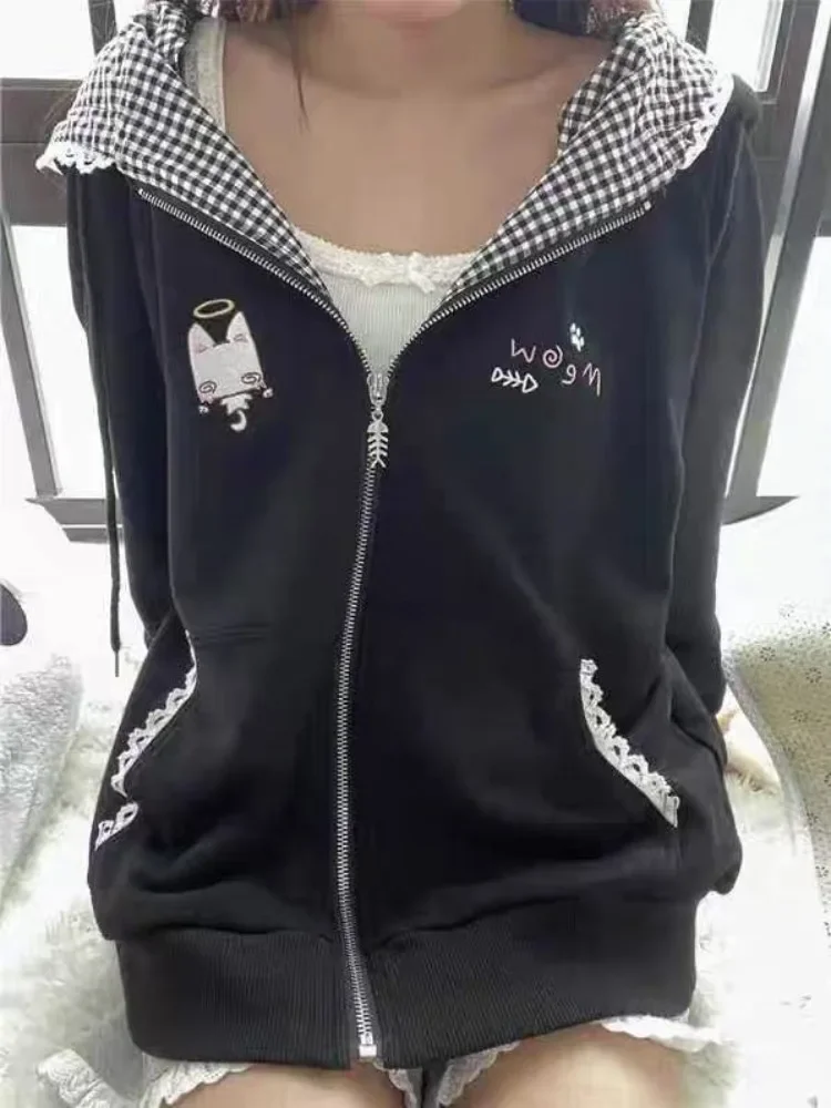 

Japanese Cute Cat Ear Black Plaid Hooded Jackets 2025 Early Autumn New Coat Women Y2k Loose Long Sleeve Zipper Tops Mujer