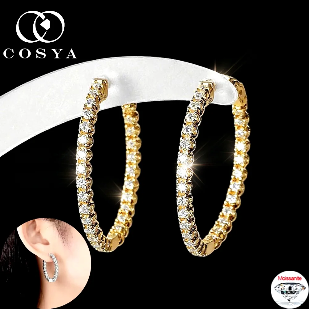 COSYA 1.8mm Full Moissanite Hoop Earrings For Women 100% S925 Silver 18K Gold Lab Diamond Earrings Wedding Fine Jewelry Gift