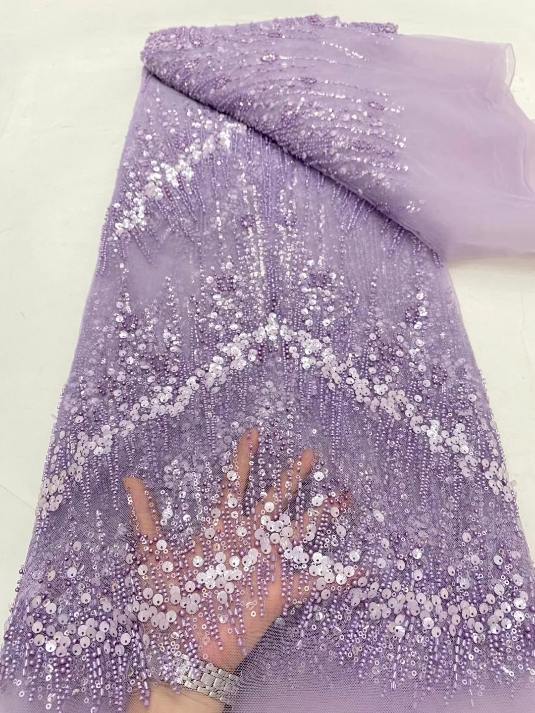 2024 High Quality Light Purple African Nigerian Tulle Lace Fabric Embroidery Wedding Party Dress Sequins DIY Cloth DP0224