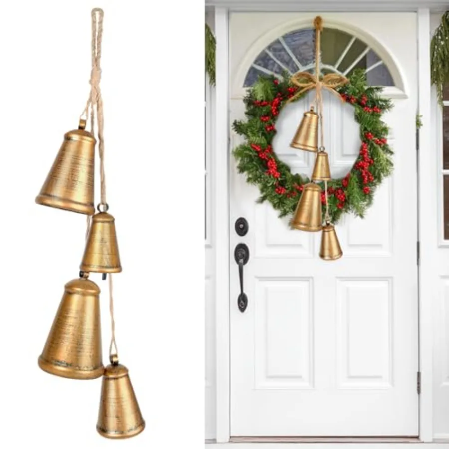 الصدأ الذهب أجراس البقرة مجموعة من 4 ريفي كبير عيد الميلاد أجراس البقر ديكور للمنزل مقبض الباب شجرة عيد الميلاد جارلاند إكليل الدرج X