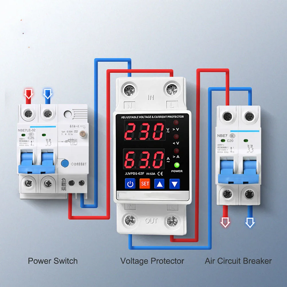 Dual Display 40A 63A 80A 230V Din Rail Adjustable Digital Over Under Voltage Relay Surge Protector Limit Over Current Protection