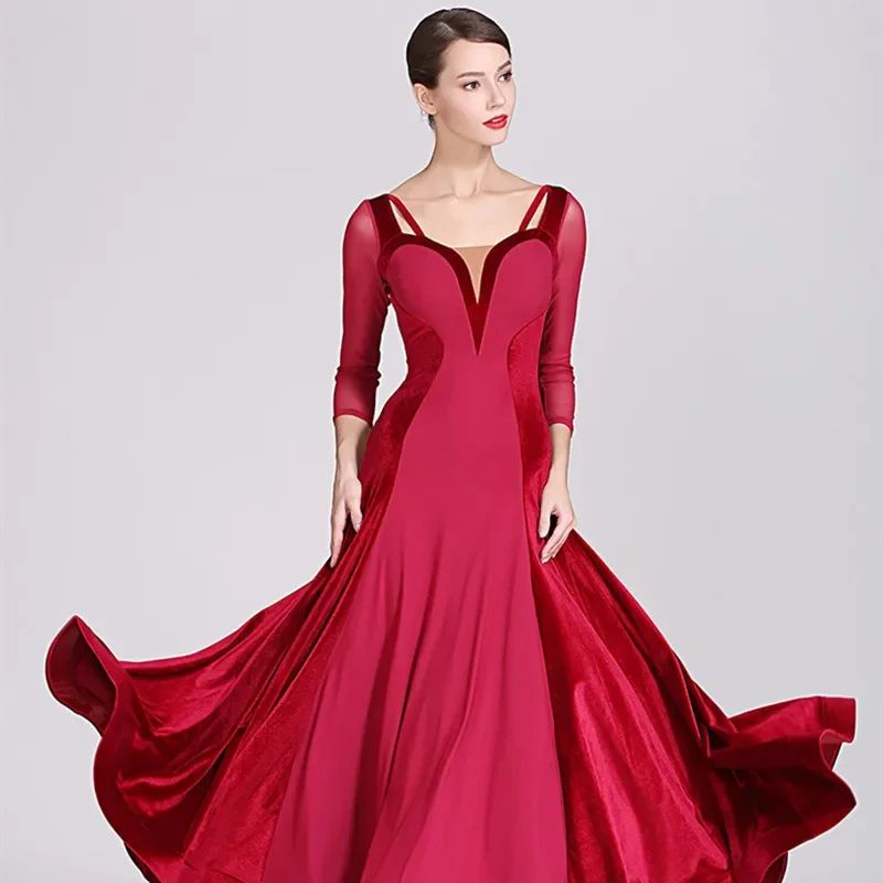 Vestido de baile padrão vermelho feminino valsa franja dança wear roupas de dança de salão trajes de dança moderna vestido de flamenco