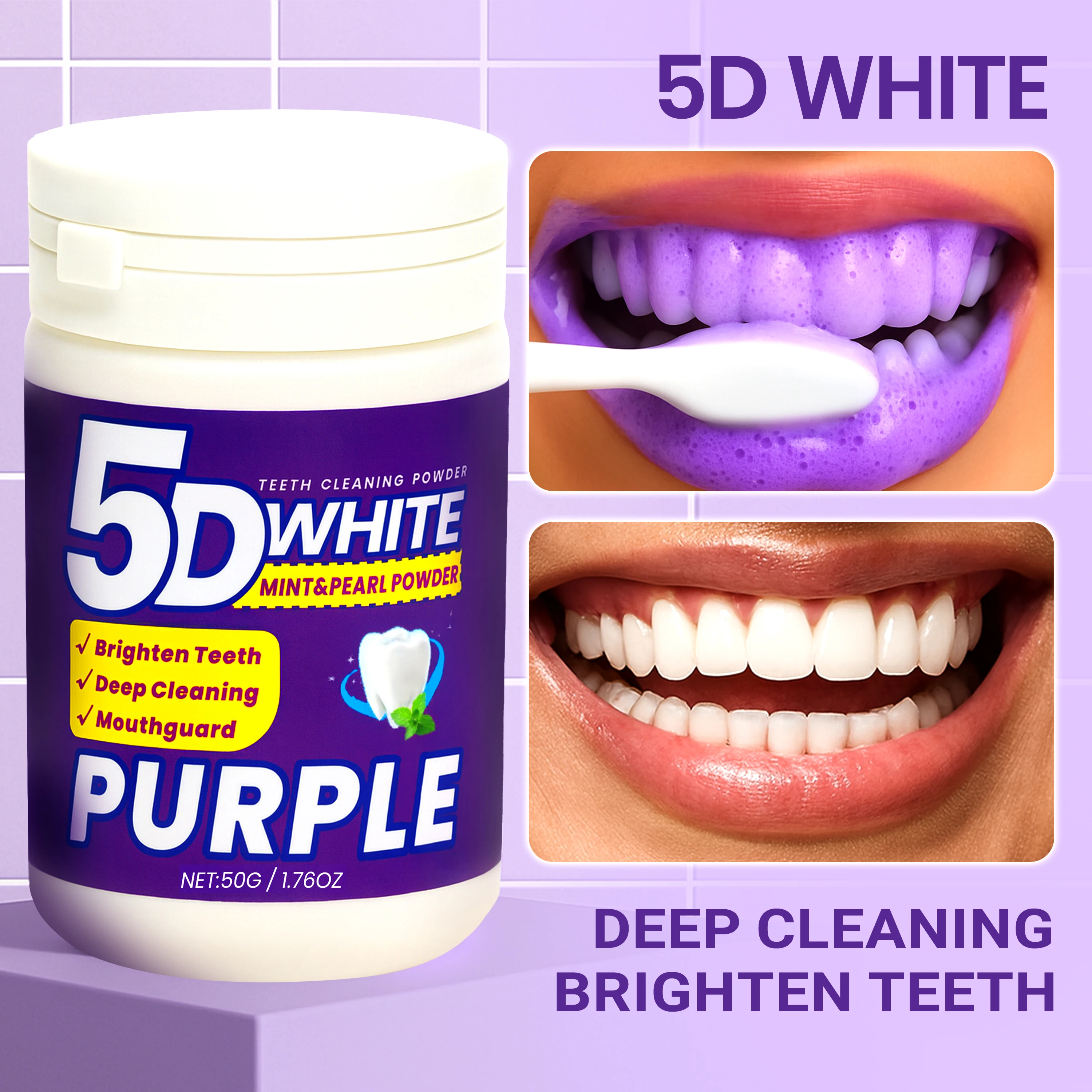 1 pc 5D white Purple Teeth Whitening Powder 50g/1.76.oz - Deep Cleaning & Tooth Cleaning Powder, Fresh Breath Toothpaste, Denta