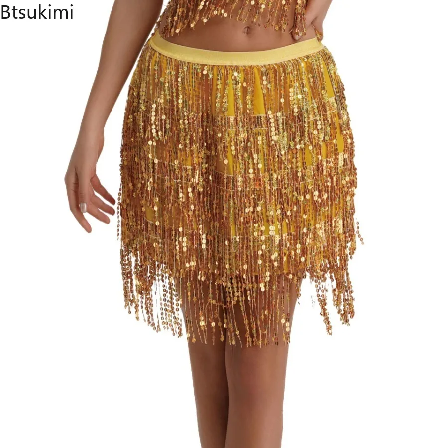 Seksowna spódnica warstwowa do tańca brzucha cekiny łańcuszek frędzle paski krótka spódniczka strój do ćwiczeń tańca latynoamerykańskiego hula kostium sceniczny