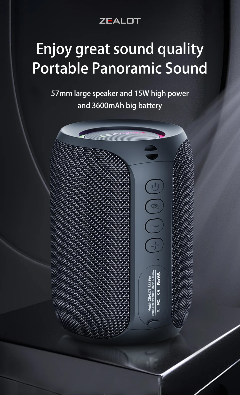 Zealot S32 Pro 15 W kabellose Lautsprecher, Dual-Pairing, 3600-mAh-Akku, 12 Stunden Spielzeit, lautes Stereo, boomender Bass. – Detail 1