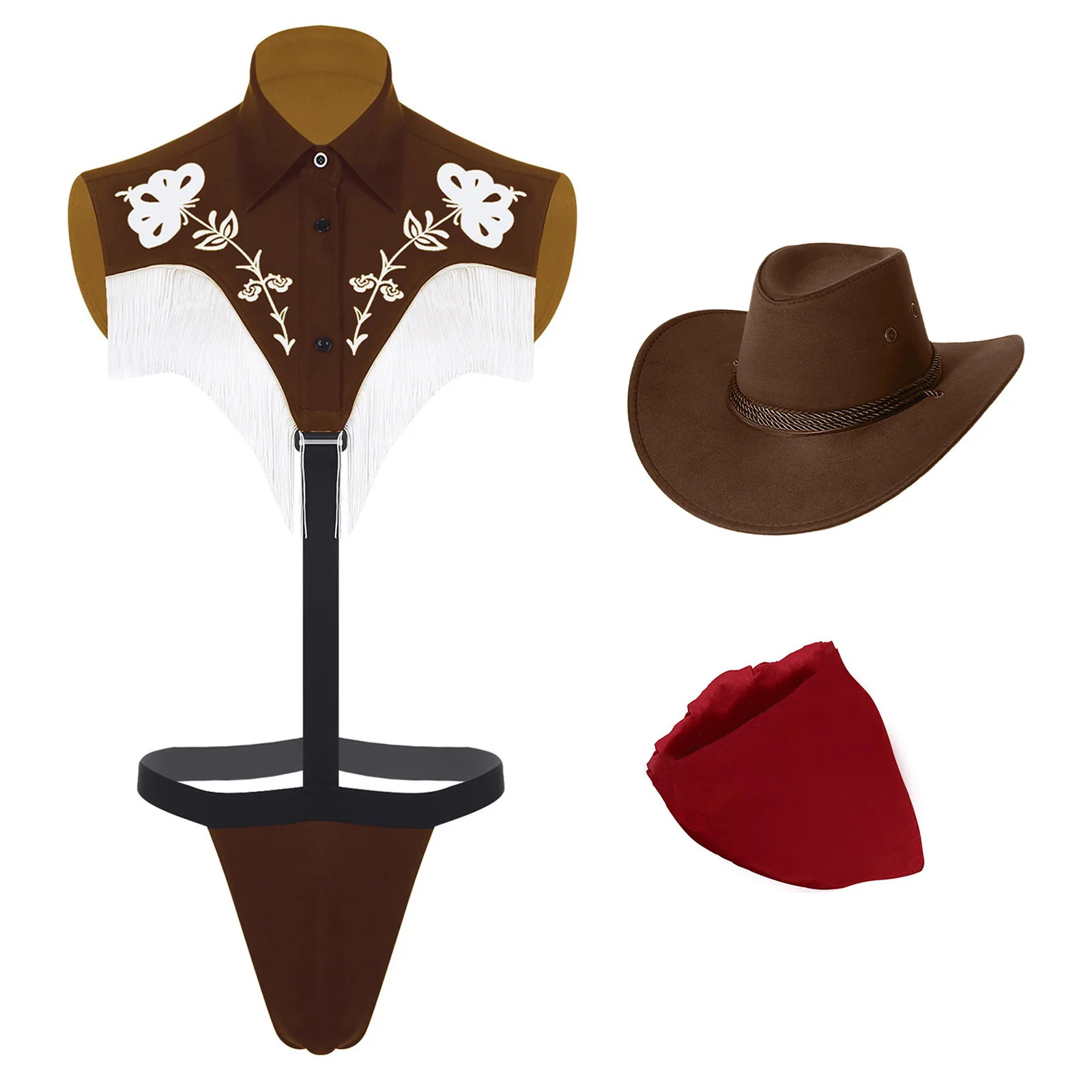 

Men Western Cowboy Sets Halloween Dress-up Costume Flower Print Sleeveless T-back Bodysuit Hat and Bandanna Raves Party Clubwear