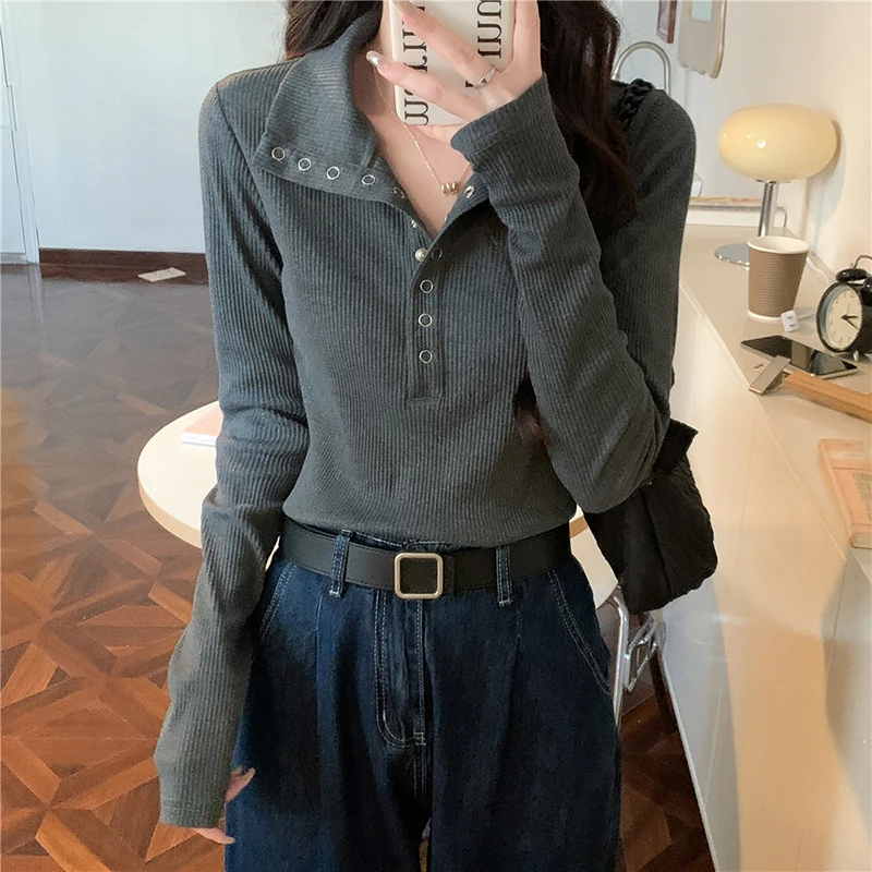 Y2K Autumn Button Women T Shirts Korean Sweet Knitted Slim Long Sleeve Female Tees Fashion Chic New Casual All Match Female Tops