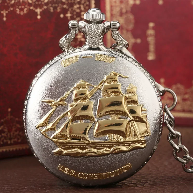 Silver Sailing Canvas Boat 1797-1997 Design Pendant Quartz Pocket Watch for Men Women with Fob Chain Collectable Clock Gift