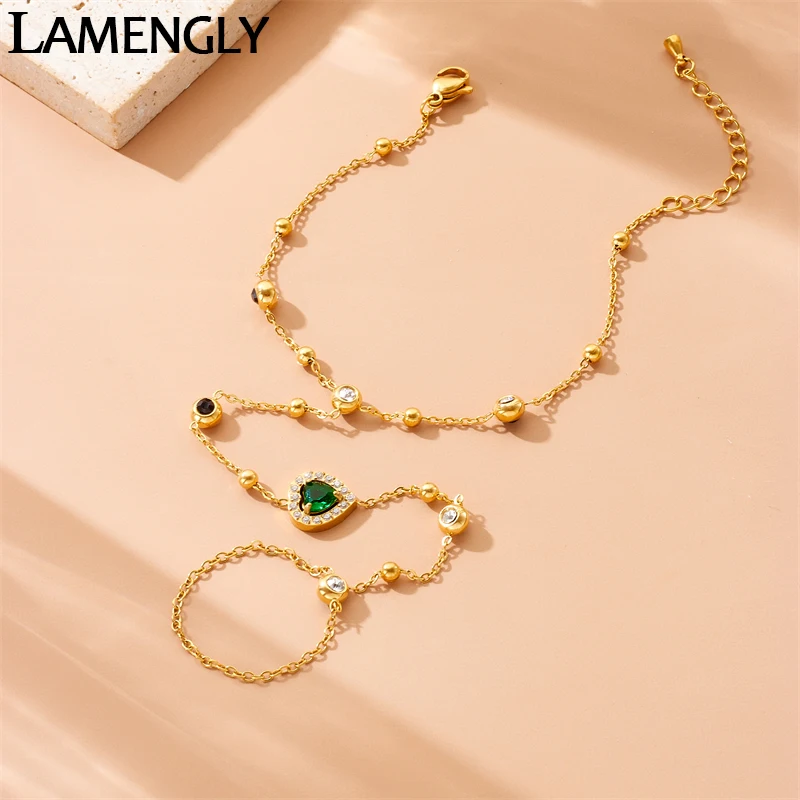 

LAMENGLY High Quality 316l Stainless Steell Emerald Love Rhinestone Bracelet Women Elegant Light Luxury Hand Chain Jewelry Gift