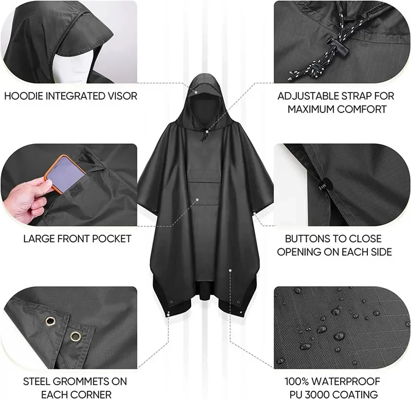 Poncho antipioggia con cappuccio da esterno per adulto con tasca, giacca impermeabile unisex leggera e impermeabile per escursioni in campeggio di