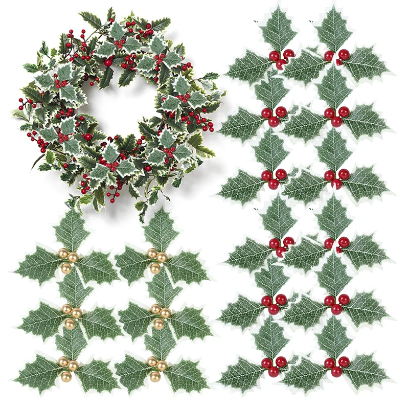 5/10 Uds. Hojas de acebo de Navidad bayas rojas artificiales DIY decoración de corona de flores de Navidad para el hogar regalos de Navidad de Año Nuevo Decoración