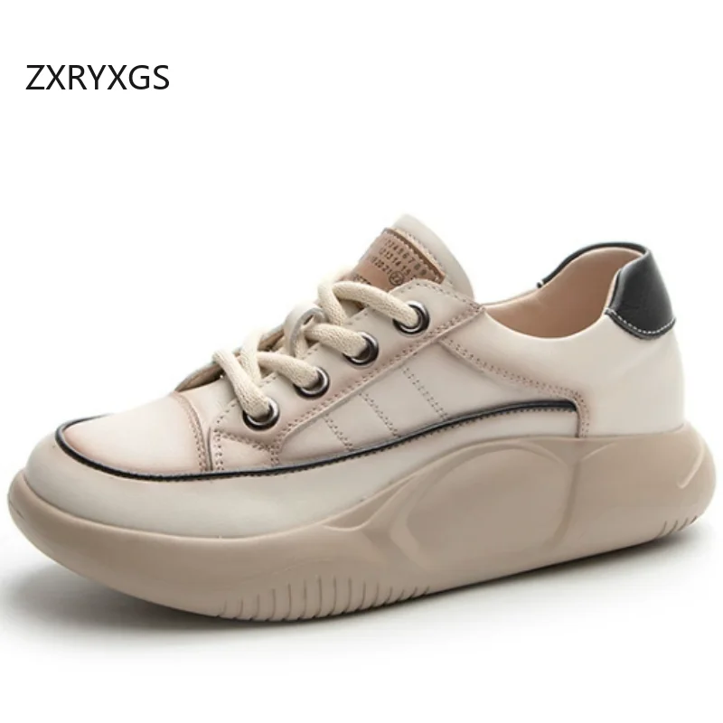 ZXRYXGS Top Cowhide Temperament Trendy Sneakers Casual Shoes 2026 New Spring Lace-up Thick Sole Increase Shoes Women Sneakers