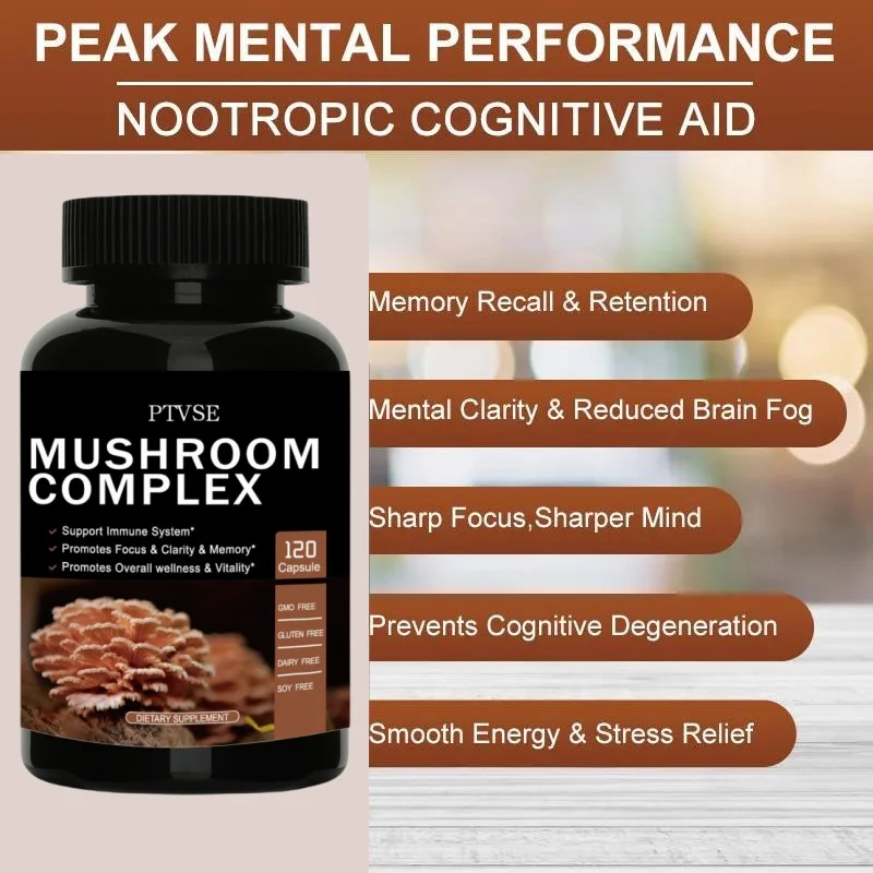 Mushrooms Blend Supplement - Lions Mane, Cordyceps,Turkey Tail -Natural Stress & Mood Support Brain, Memory & Focus, Immune