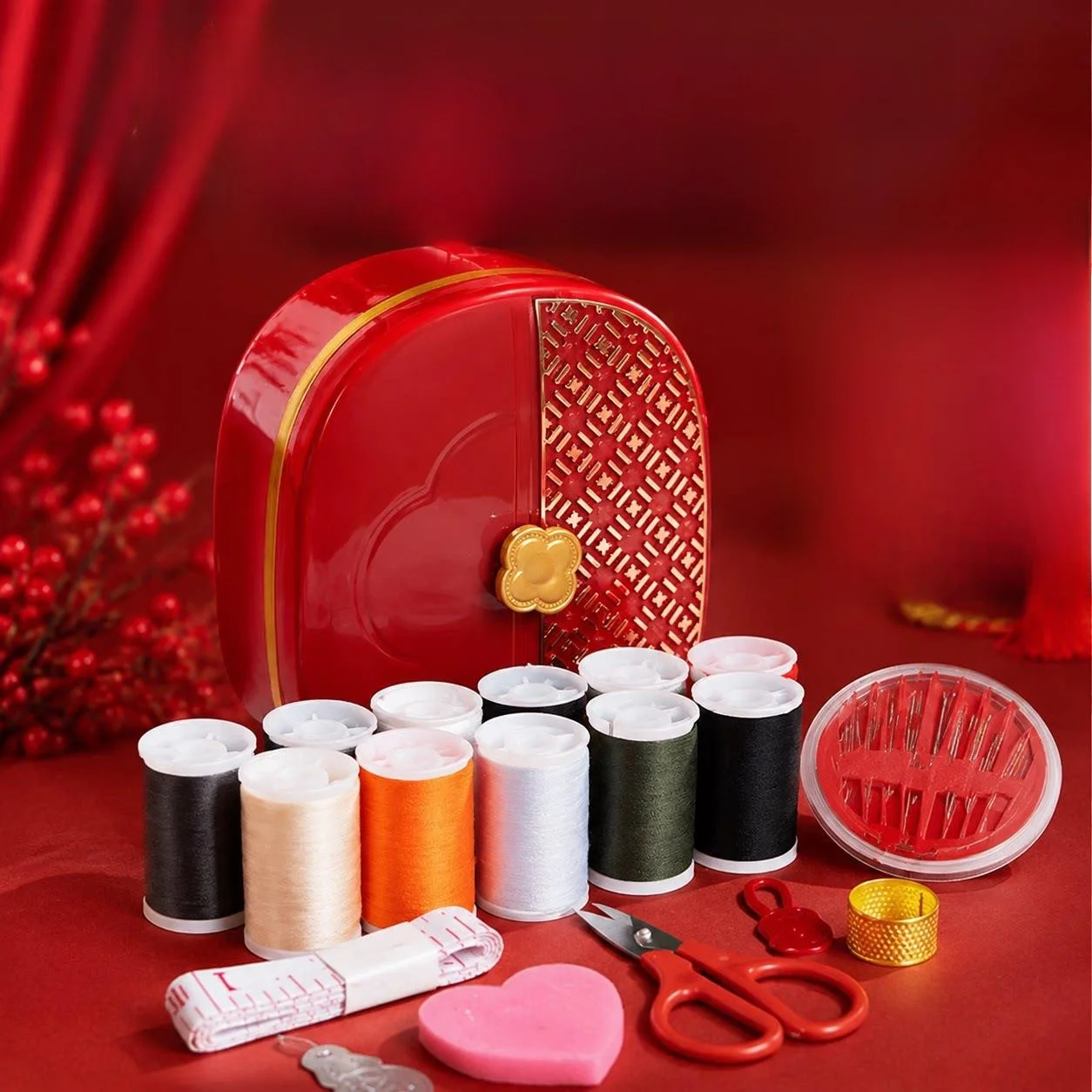 wedding-celebration-bride's-needlework-box-embroidery-tools-storage-case-bridal-trousseau-gift-set-home-use-festive-ornament