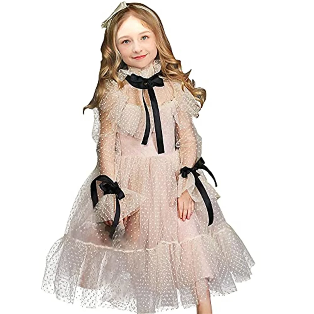 

Polka-dot Tulle Flower Girl Dresses Pink Long Sleeves Girl Wedding Party Dress Ribbons Communion Dress Birthday