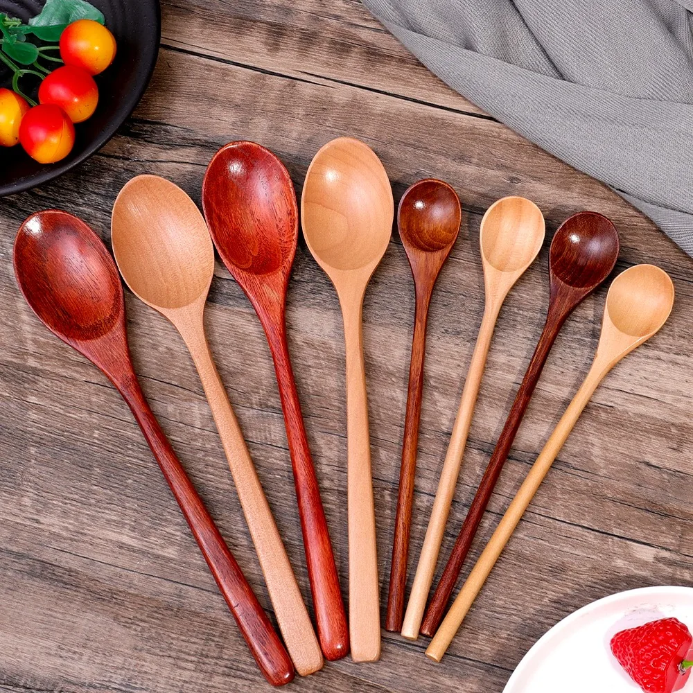 1/10PCS Wooden Soup Spoons Long Handle Coffee Milk Honey Stirring Scoops Round Pointed Reusable Teaspoons Home Kitchen Tableware