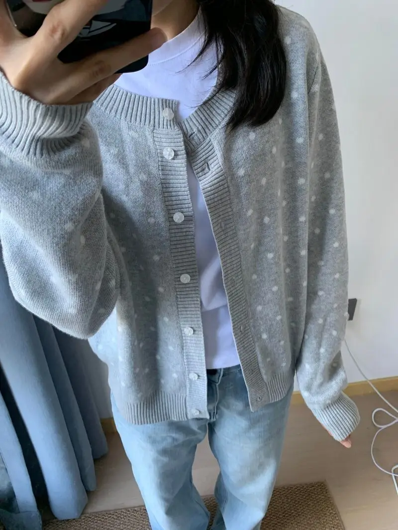 

Осенний серый, белый горошек, японский женский вязаный кардиган, новинка 2025 года, повседневный свитер, куртка, топ