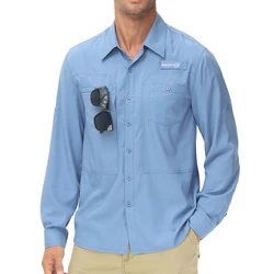 Camisas de pesca de manga larga UPF 50 + para hombre, camisa de trabajo de senderismo transpirable con protección solar, camisa informal con botones y bolsillo con cremallera